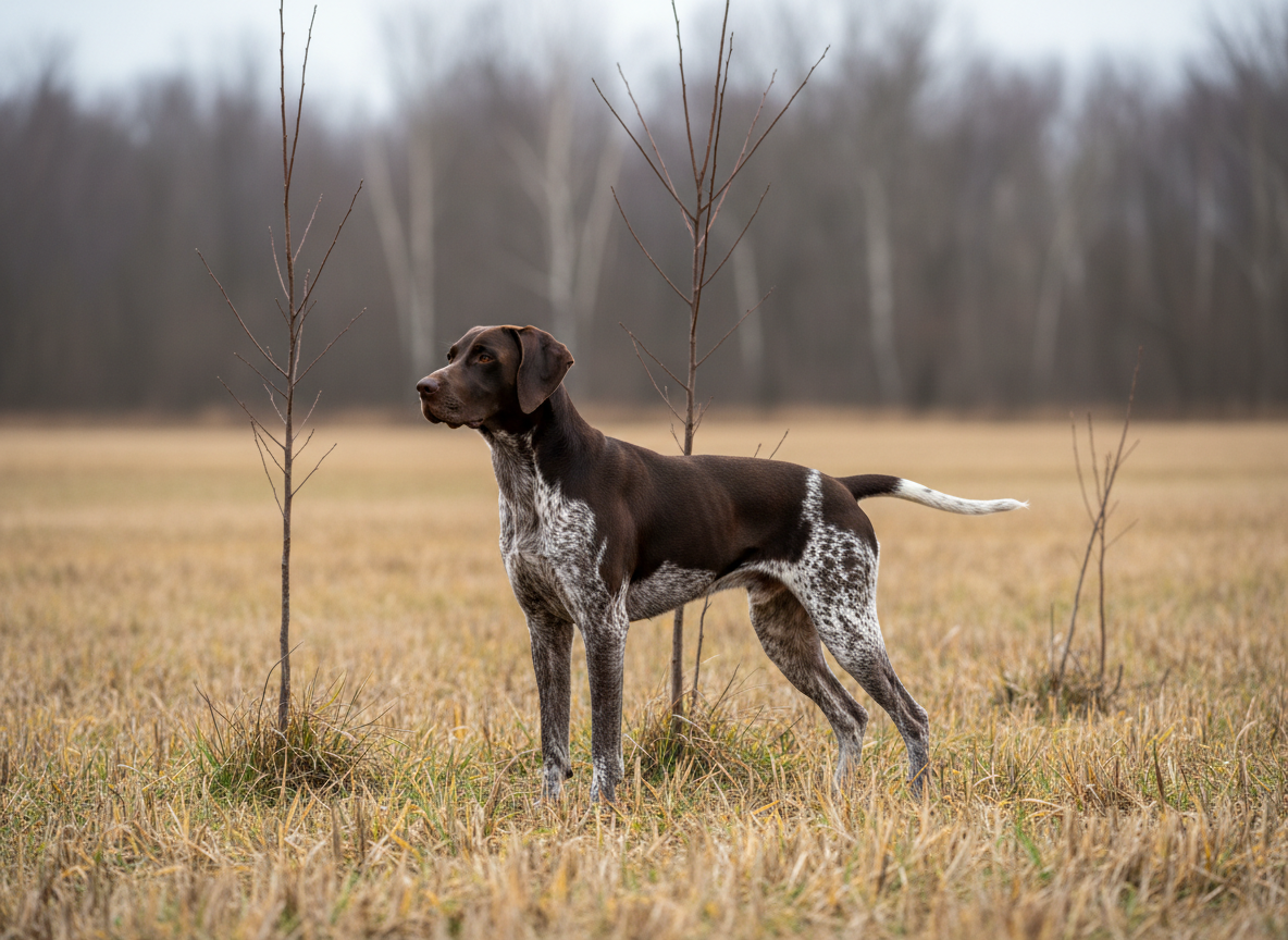 A powerful, athletic German Shorthaired Pointer in peak condition stands alert in a late-fall Michigan field, its sleek liver-and-white coat clean and glossy, muscles clearly defined beneath the fur. Sparse golden grasses and a few bare saplings surround the dog, with a distant tree line softly blurred. Cool overcast daylight creates even, natural illumination with gentle shadows under the chest and legs. Photographed at eye level in crisp photographic realism, the composition uses the rule of thirds, placing the dog slightly off-center. The mood is professional and focused, showcasing a disciplined hunting dog ready for work, with shallow depth of field isolating the dog against a subdued, natural backdrop.