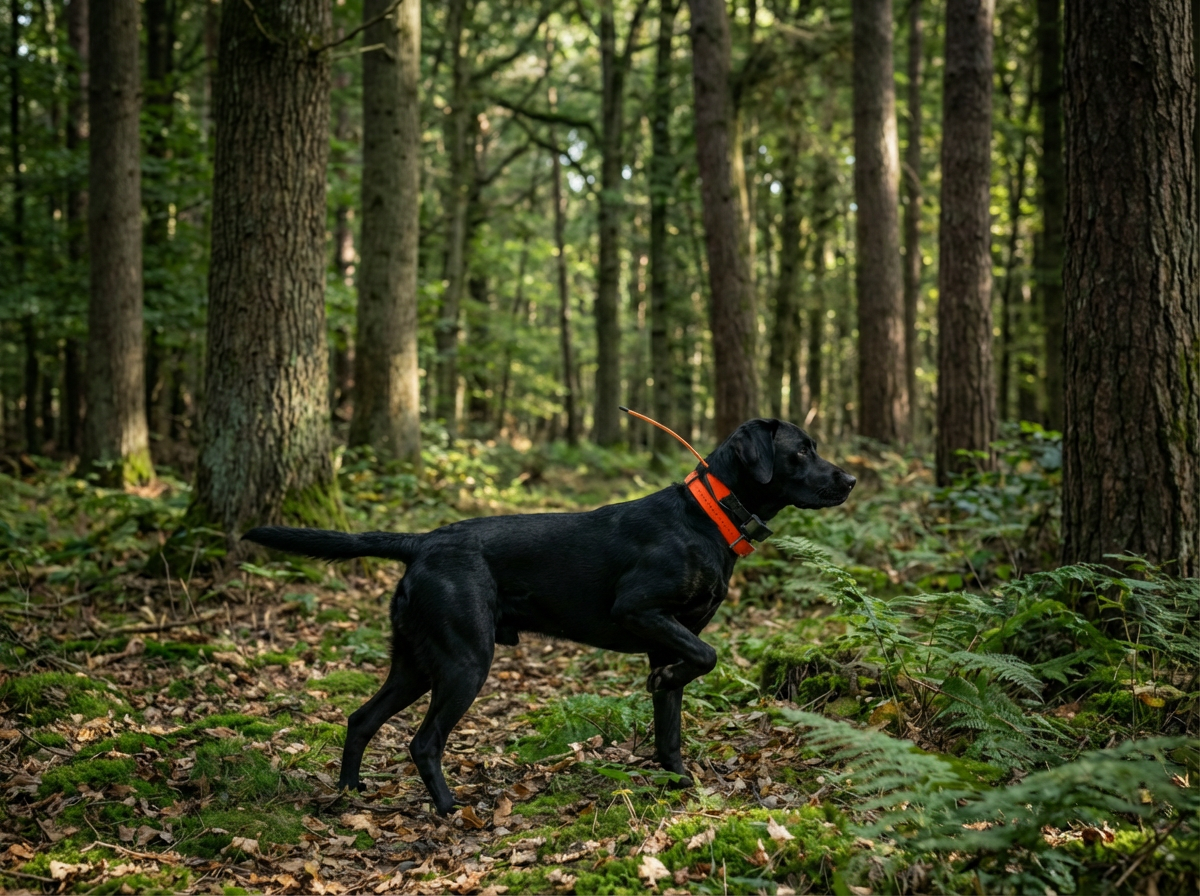 A black Labrador Retriever standing alert with a raised paw in a dense forest.